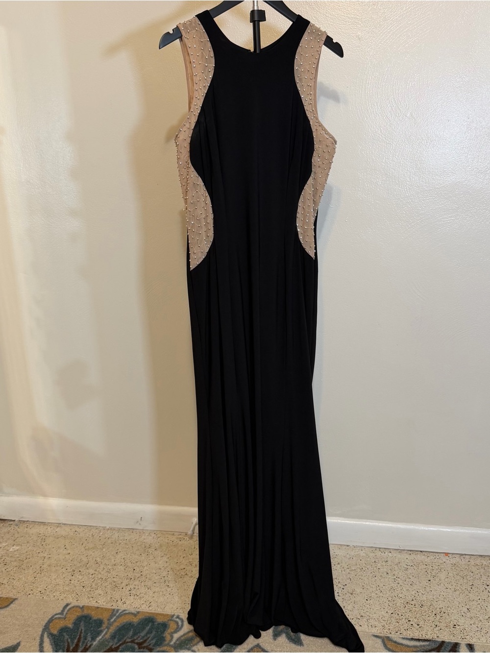 Xscape Black Maxi Gown with Nude Beaded Side Panels